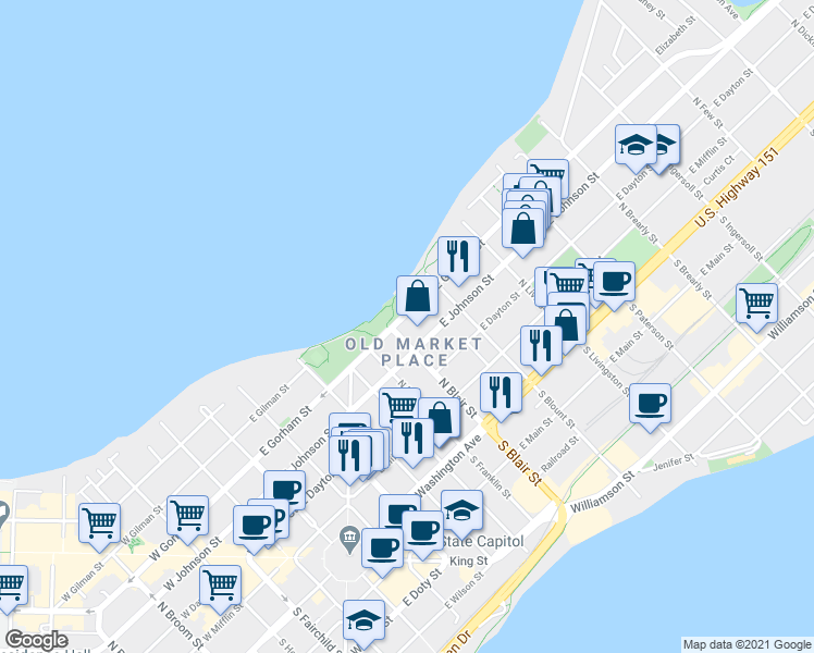 map of restaurants, bars, coffee shops, grocery stores, and more near 609 East Gorham Street in Madison