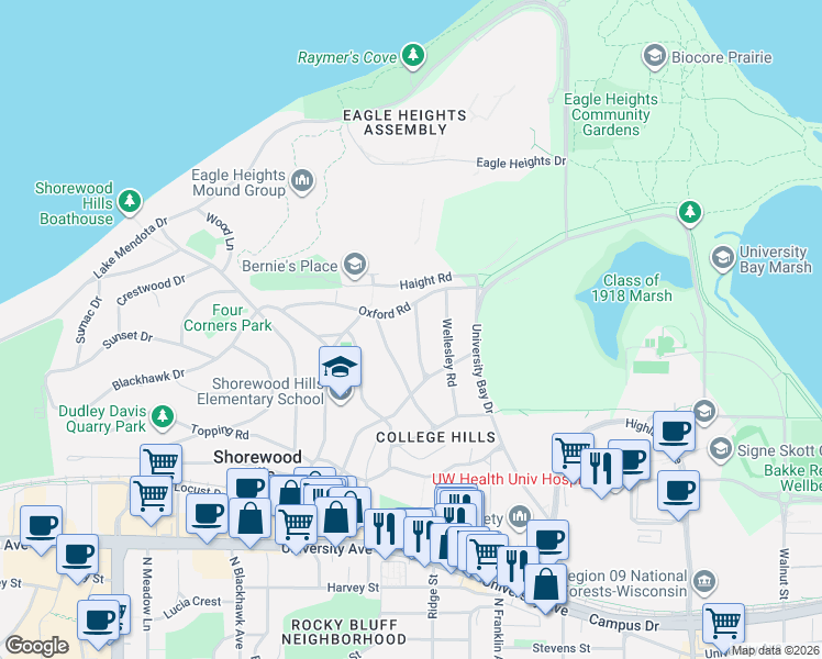 map of restaurants, bars, coffee shops, grocery stores, and more near 1233 Sweetbriar Road in Madison