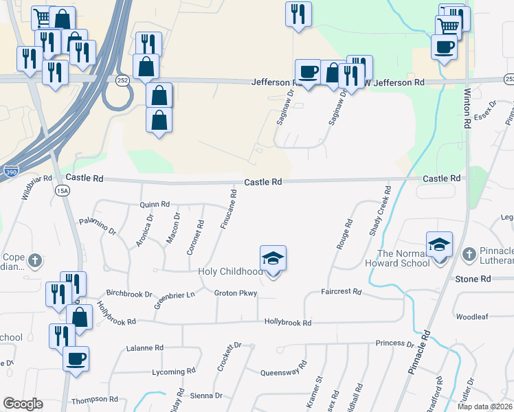 map of restaurants, bars, coffee shops, grocery stores, and more near 245 Castle Road in Rochester