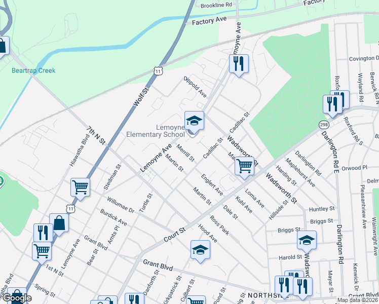 map of restaurants, bars, coffee shops, grocery stores, and more near 114 Merrill Street in Syracuse