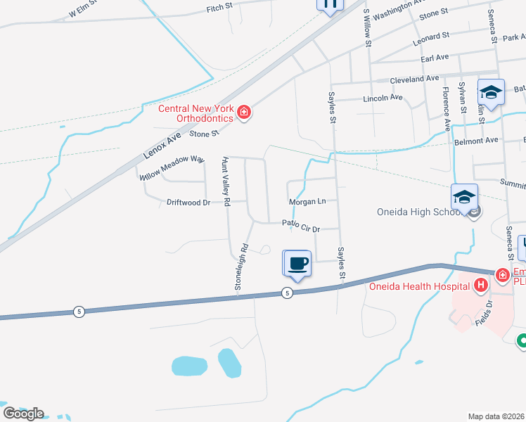 map of restaurants, bars, coffee shops, grocery stores, and more near 145 Hunt Valley Road in Oneida