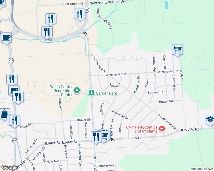 map of restaurants, bars, coffee shops, grocery stores, and more near 305 Altmont Drive in East Syracuse