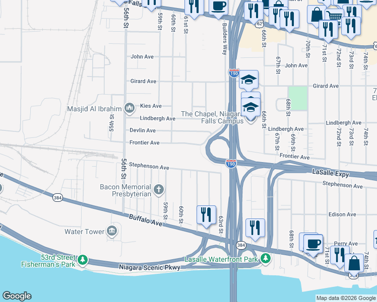 map of restaurants, bars, coffee shops, grocery stores, and more near 6023 1/2 Frontier Ave in Niagara Falls