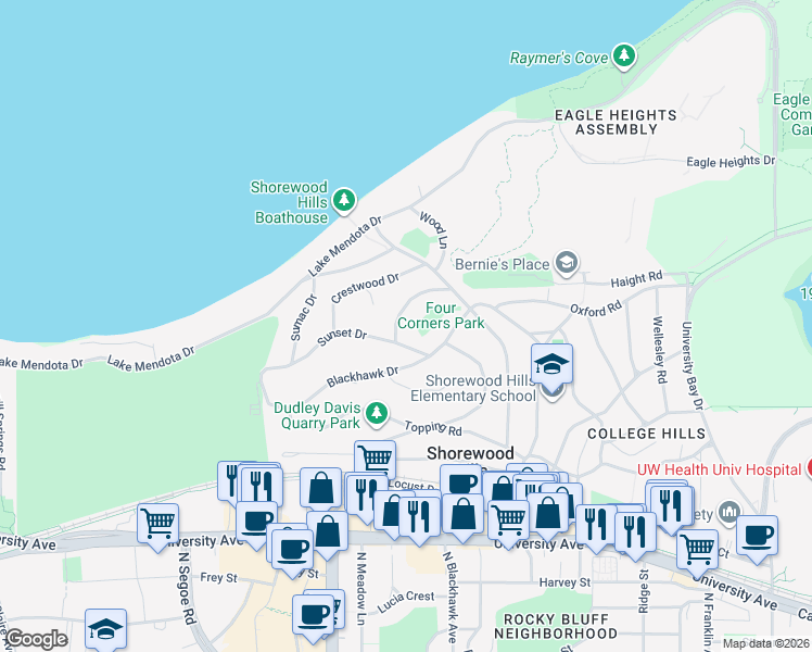 map of restaurants, bars, coffee shops, grocery stores, and more near 3427 Viburnum Drive in Madison