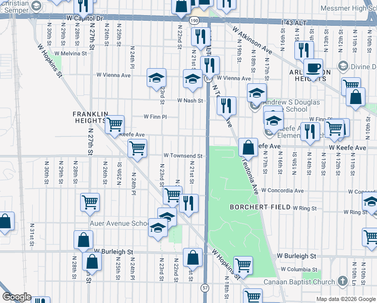 map of restaurants, bars, coffee shops, grocery stores, and more near 3409 North 21st Street in Milwaukee
