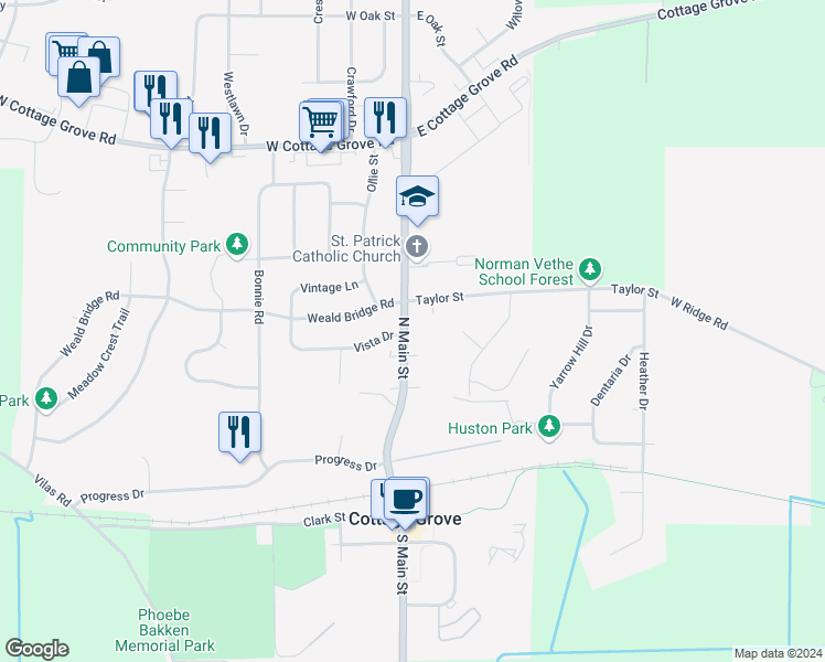 map of restaurants, bars, coffee shops, grocery stores, and more near 302 North Main Street in Cottage Grove