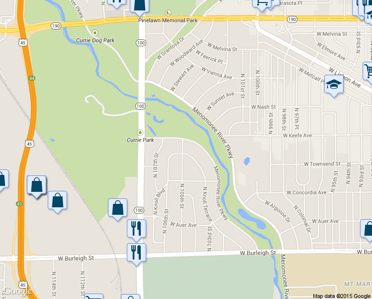 map of restaurants, bars, coffee shops, grocery stores, and more near 3360 North Knoll Terrace in Wauwatosa