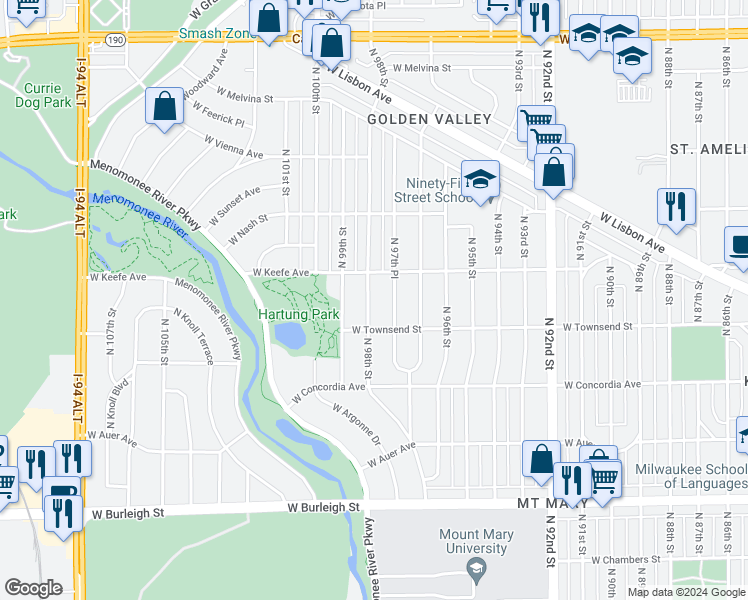 map of restaurants, bars, coffee shops, grocery stores, and more near 3442 North 98th Street in Milwaukee