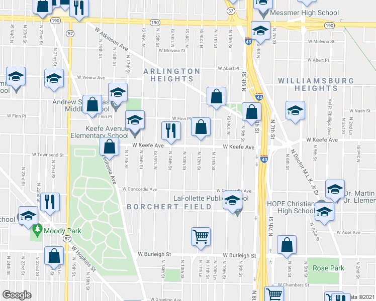 map of restaurants, bars, coffee shops, grocery stores, and more near 1229 W Keefe Ave in Milwaukee