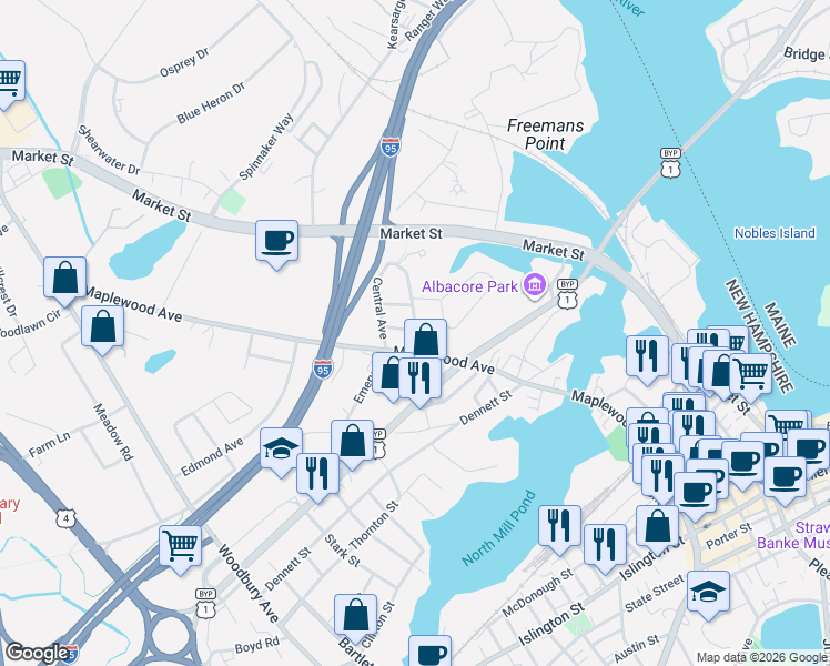 map of restaurants, bars, coffee shops, grocery stores, and more near 44 Cutts Street in Portsmouth