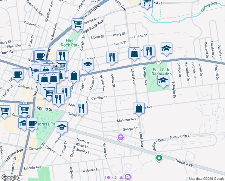 map of restaurants, bars, coffee shops, grocery stores, and more near 87 Ludlow Street in Saratoga Springs