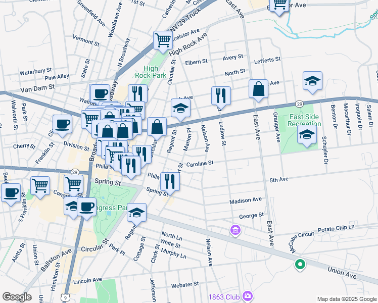map of restaurants, bars, coffee shops, grocery stores, and more near 12 Marion Place in Saratoga Springs