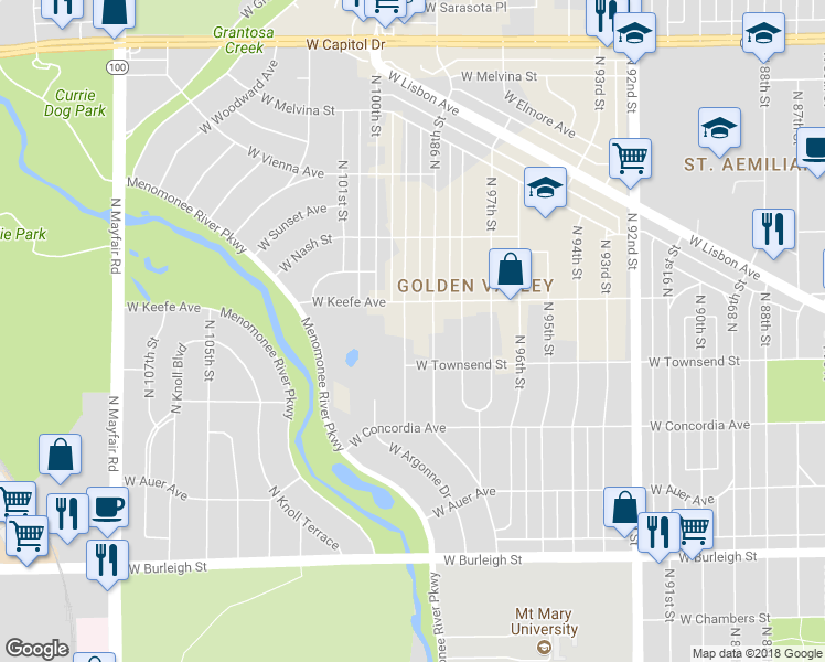map of restaurants, bars, coffee shops, grocery stores, and more near 3442 North 99th Street in Milwaukee