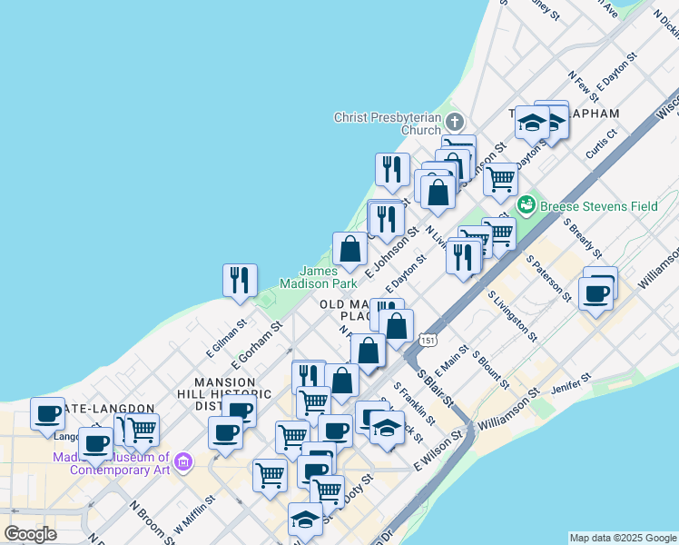 map of restaurants, bars, coffee shops, grocery stores, and more near 609 East Gorham Street in Madison