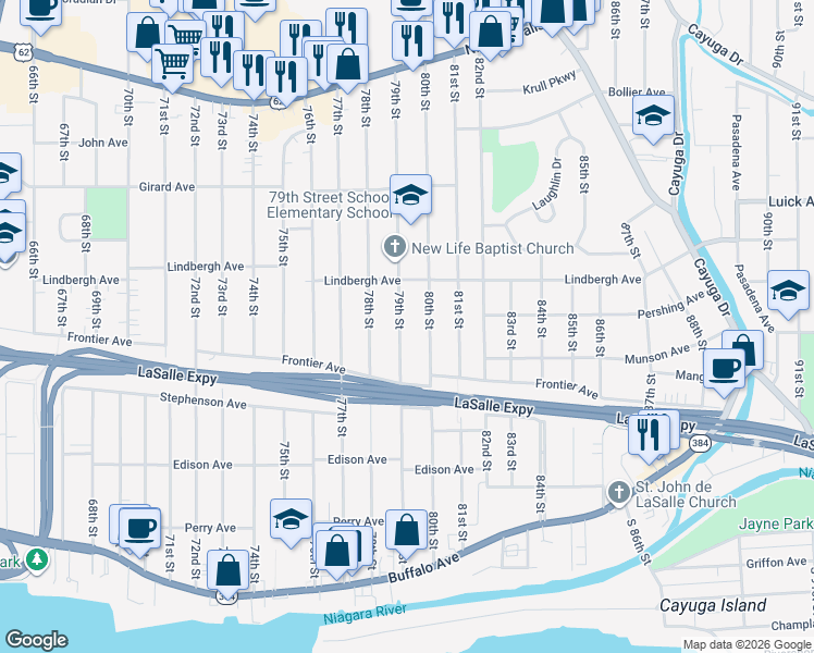 map of restaurants, bars, coffee shops, grocery stores, and more near 459 79th Street in Niagara Falls