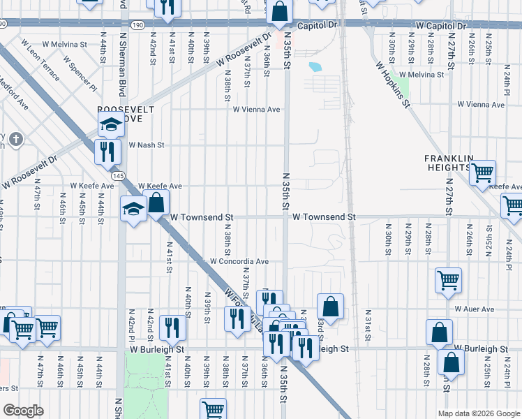 map of restaurants, bars, coffee shops, grocery stores, and more near 3411-3413 North 36th Street in Milwaukee