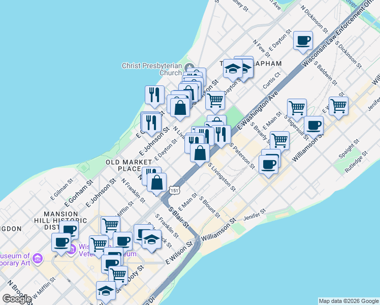 map of restaurants, bars, coffee shops, grocery stores, and more near 745 East Mifflin Street in Madison