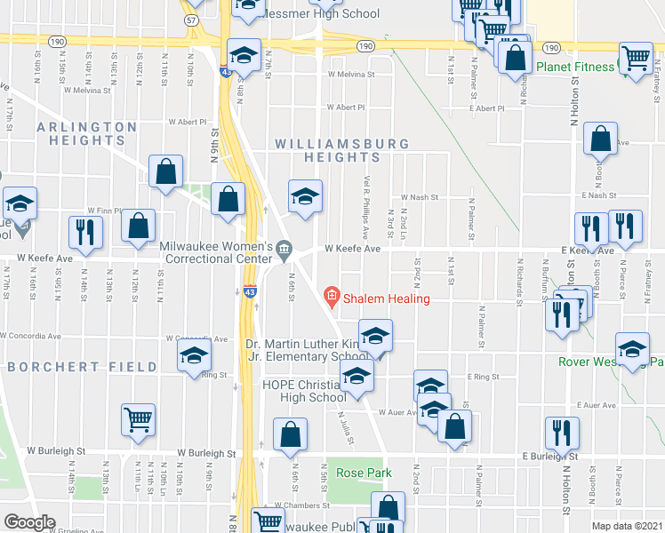 map of restaurants, bars, coffee shops, grocery stores, and more near 3451 North 5th Street in Milwaukee
