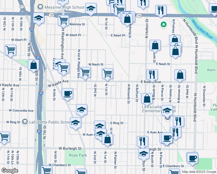 map of restaurants, bars, coffee shops, grocery stores, and more near 3456 North 1st Street in Milwaukee