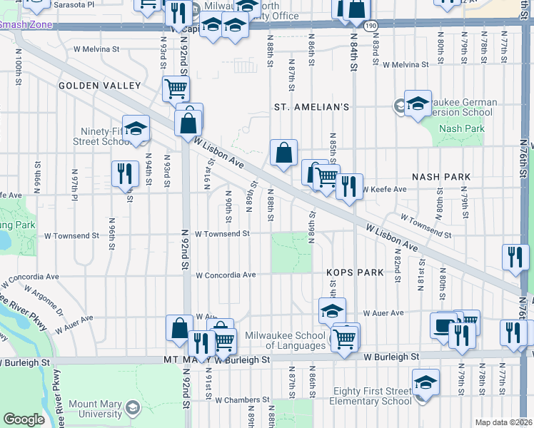 map of restaurants, bars, coffee shops, grocery stores, and more near 3435 North 88th Street in Milwaukee