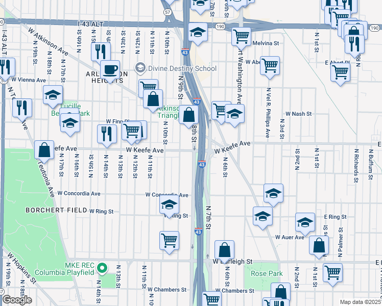 map of restaurants, bars, coffee shops, grocery stores, and more near 3461 North 8th Street in Milwaukee