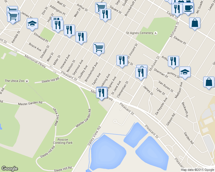 map of restaurants, bars, coffee shops, grocery stores, and more near 1650 Saint Agnes Avenue in Utica