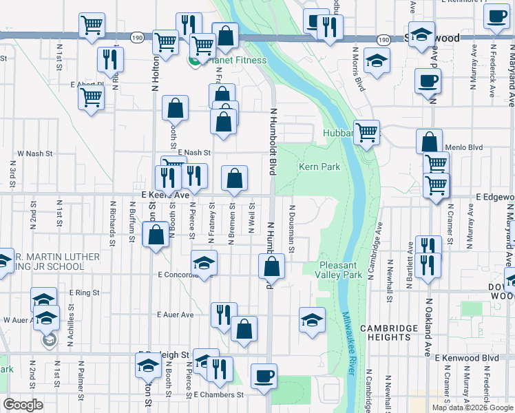 map of restaurants, bars, coffee shops, grocery stores, and more near 3480 North Weil Street in Milwaukee