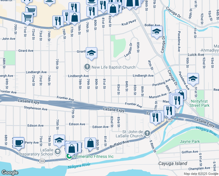 map of restaurants, bars, coffee shops, grocery stores, and more near 454 82nd Street in Niagara Falls