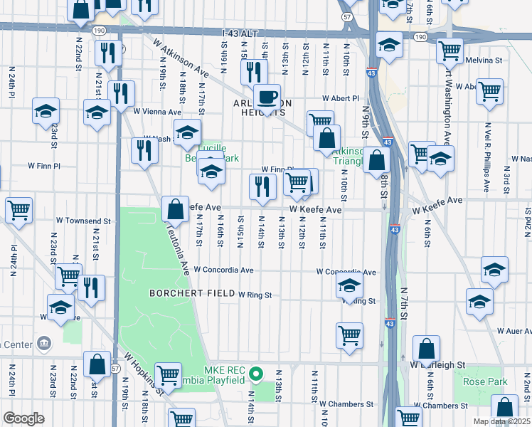 map of restaurants, bars, coffee shops, grocery stores, and more near 3460 North 14th Street in Milwaukee
