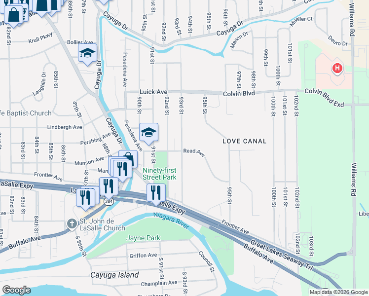 map of restaurants, bars, coffee shops, grocery stores, and more near 701 93rd Street in Niagara Falls