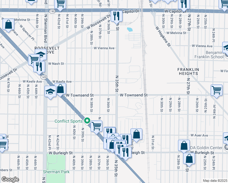 map of restaurants, bars, coffee shops, grocery stores, and more near 3413 North 35th Street in Milwaukee