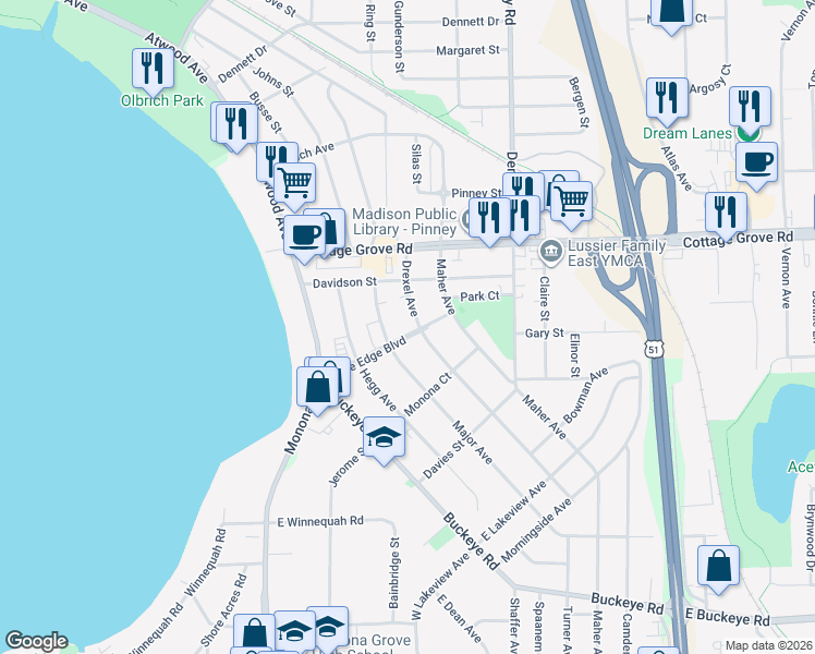 map of restaurants, bars, coffee shops, grocery stores, and more near 309 Lake Edge Boulevard in Madison