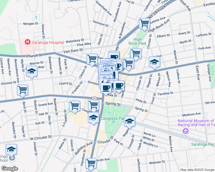 map of restaurants, bars, coffee shops, grocery stores, and more near 404 Broadway in Saratoga Springs