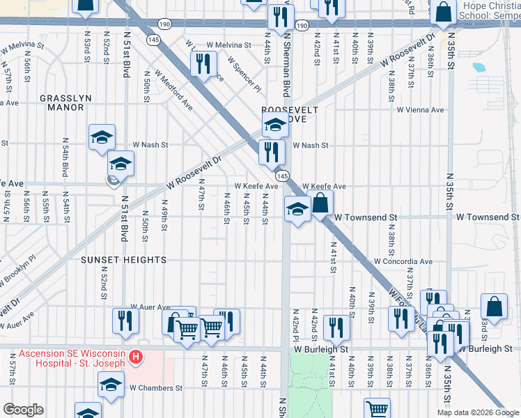 map of restaurants, bars, coffee shops, grocery stores, and more near 3413 North 44th Street in Milwaukee