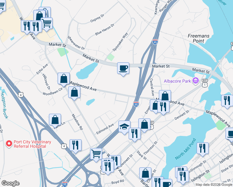 map of restaurants, bars, coffee shops, grocery stores, and more near 897 Maplewood Avenue in Portsmouth
