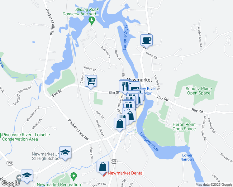 map of restaurants, bars, coffee shops, grocery stores, and more near 33 Elm Street in Newmarket