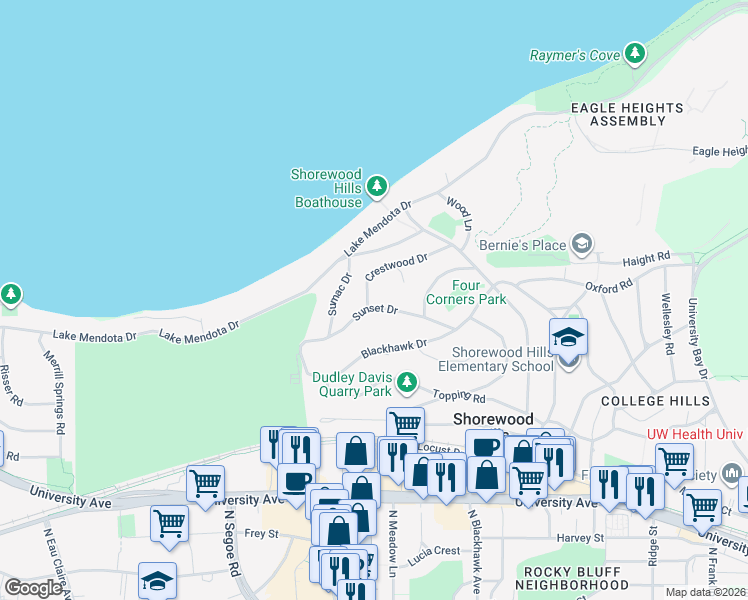 map of restaurants, bars, coffee shops, grocery stores, and more near 3436 Sunset Drive in Madison