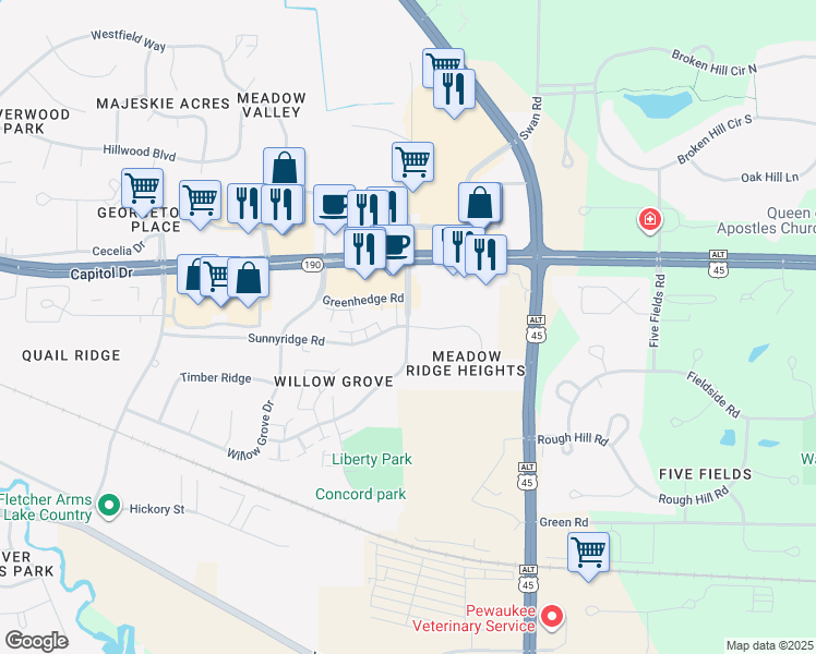 map of restaurants, bars, coffee shops, grocery stores, and more near Meadowcreek Dr & Sunnyridge Rd in Pewaukee