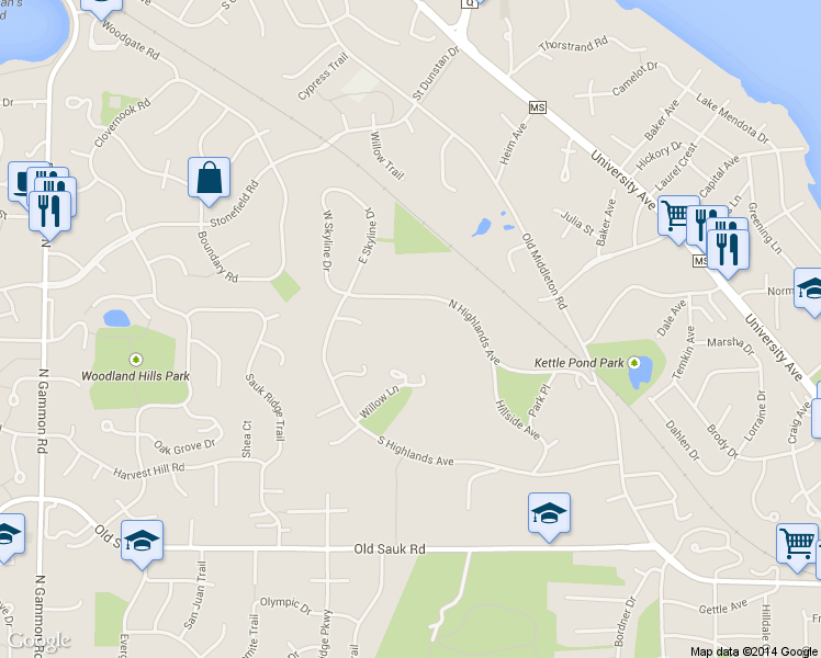 map of restaurants, bars, coffee shops, grocery stores, and more near 6221 N Highlands Ave in Madison