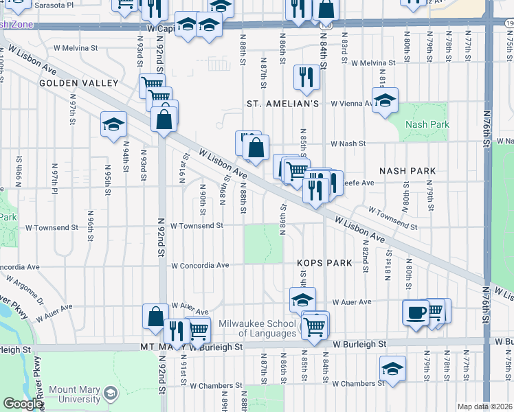 map of restaurants, bars, coffee shops, grocery stores, and more near 3437 N 87th St in Milwaukee