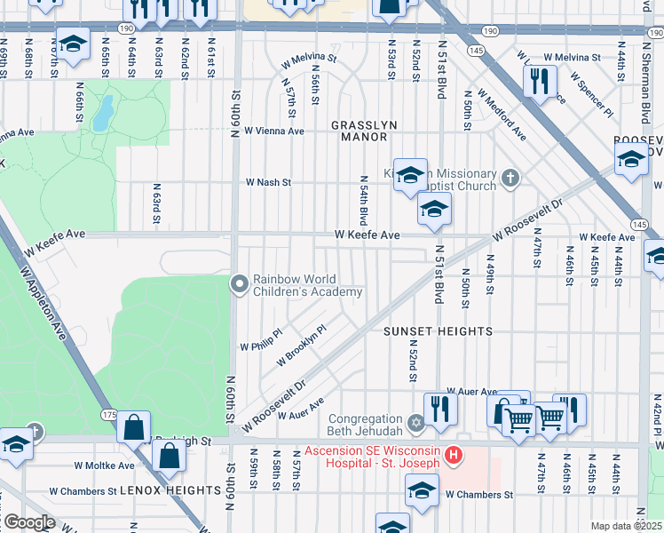 map of restaurants, bars, coffee shops, grocery stores, and more near 3429 North 55th Street in Milwaukee