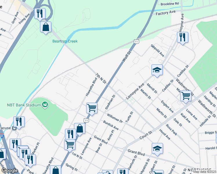 map of restaurants, bars, coffee shops, grocery stores, and more near in Syracuse