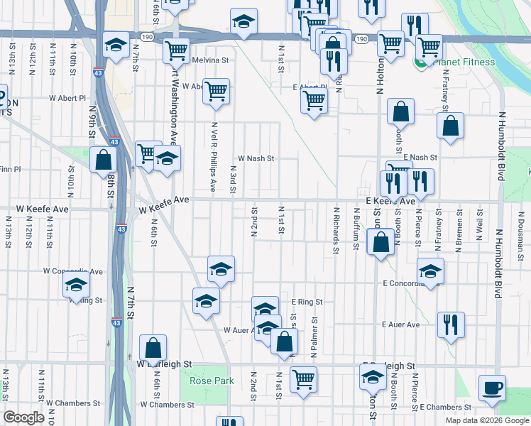 map of restaurants, bars, coffee shops, grocery stores, and more near in Milwaukee