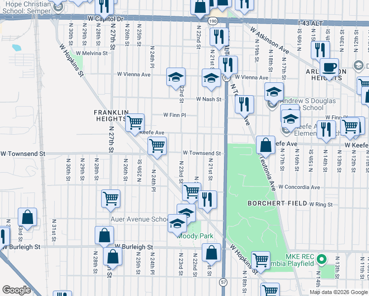 map of restaurants, bars, coffee shops, grocery stores, and more near 2222 West Townsend Street in Milwaukee