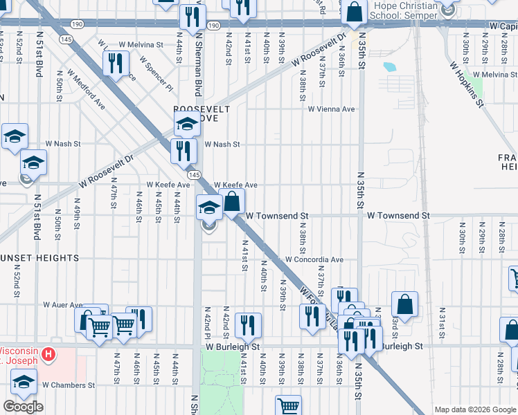 map of restaurants, bars, coffee shops, grocery stores, and more near 3416 North 40th Street in Milwaukee