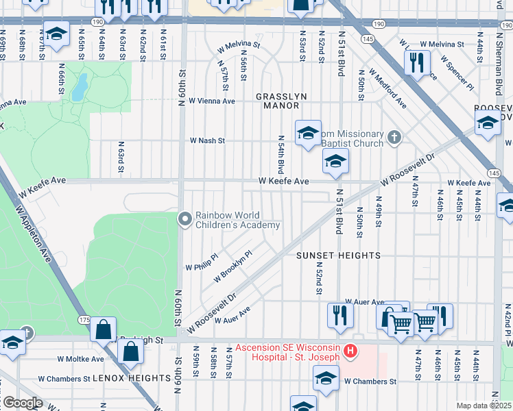 map of restaurants, bars, coffee shops, grocery stores, and more near 3429 North 55th Street in Milwaukee
