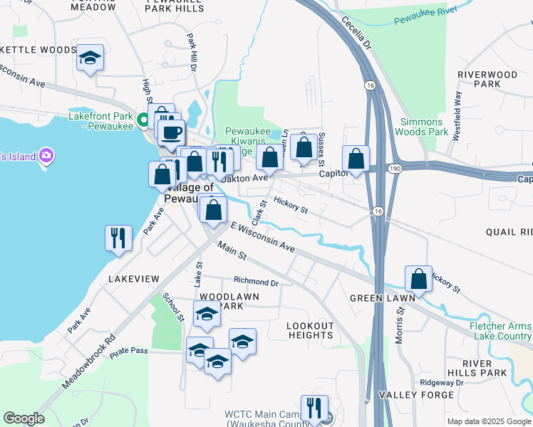 map of restaurants, bars, coffee shops, grocery stores, and more near 224 Clark Street in Pewaukee