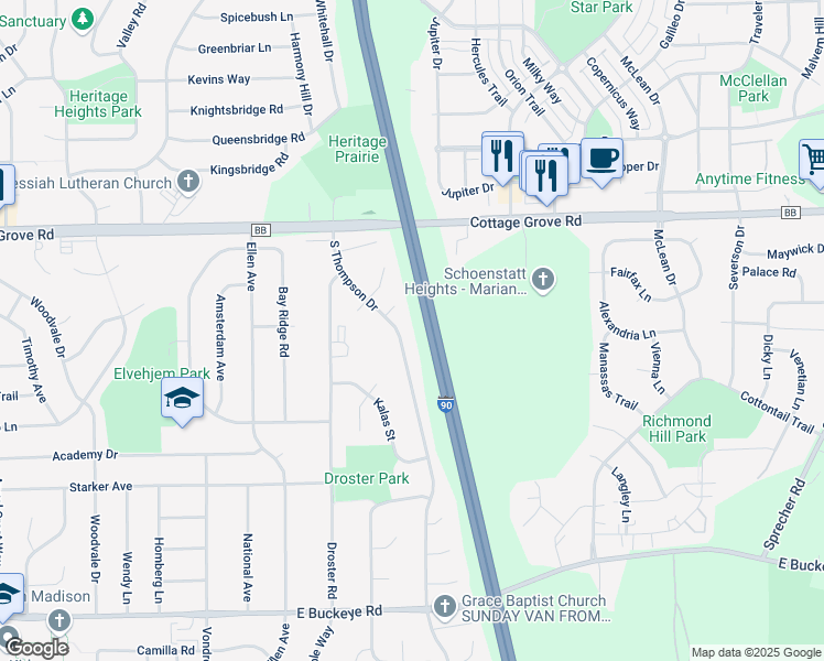 map of restaurants, bars, coffee shops, grocery stores, and more near 1215 South Thompson Drive in Madison