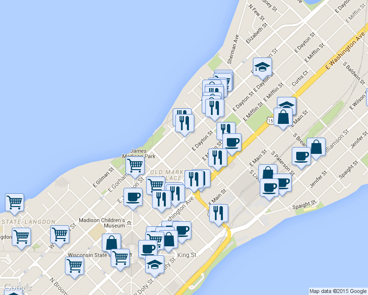 map of restaurants, bars, coffee shops, grocery stores, and more near in Madison