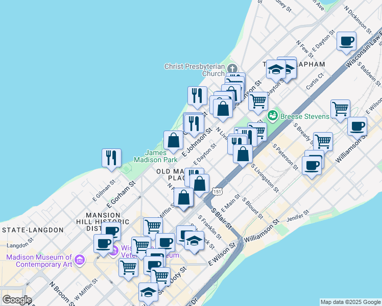 map of restaurants, bars, coffee shops, grocery stores, and more near 635 East Johnson Street in Madison